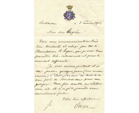 OSCAR II: (1829-1907) King of Sweden 1872-1907 and King of Norway 1872-1905. A good A.L.S., Oscar, one page, 8vo, Stockholm, 