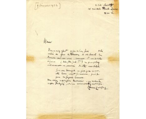 LURCAT JEAN: (1892-1966) French Artist. A.L.S., `jean Lurçat´, one page, 4to, Paris, [9th January 1926], in French. The Frenc
