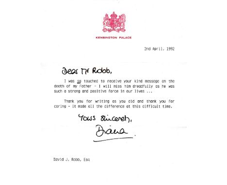DIANA: (1961-1997) Princess of Wales. T.L.S., Diana, with holograph salutation and subscription, one page, 4to, London, 2nd A