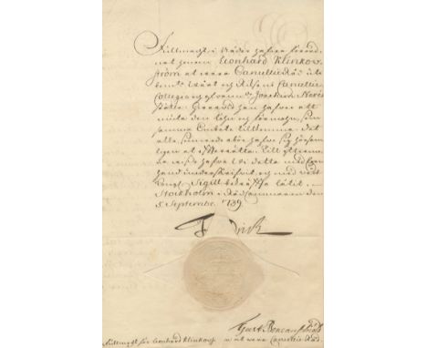 FREDERICK I: (1676-1751) King of Sweden 1720-51. D.S., Friedrich, (a good, bold example, as King), two pages, folio, Stockhol