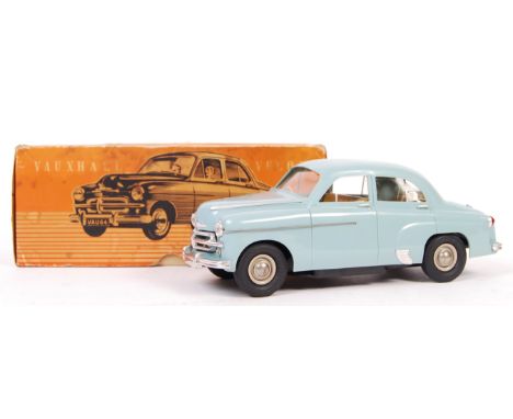 A Victory Models 1:18 scale battery powered Official Model Replica Vauxhall Velox in a pale blue powered by Mighty Midget Ele