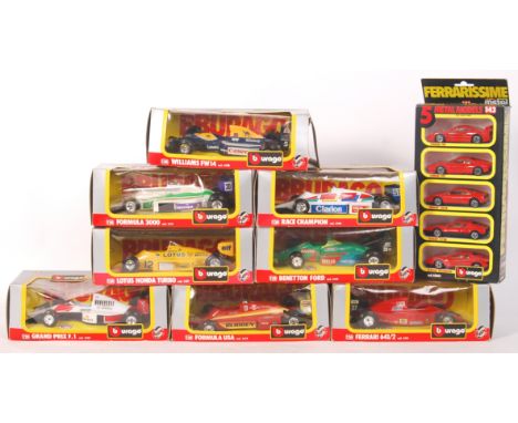 A collection of 8x Bburago / Burago made 1:24 scale precision diecast model cars - all boxed. All Formula 1 racing cars. Alon