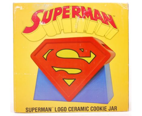 A rare Diamond Select Toys made DC Comics Superman ' Logo Ceramic Cookie Jar '. Ceramic construction, in red and blue with Su