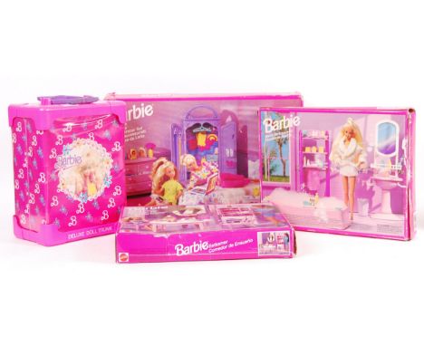 A good collection of 1990's Mattel made ' Barbie ' playsets. Comprising: Bathroom, Dining Room, Bedroom and a carrycase / war