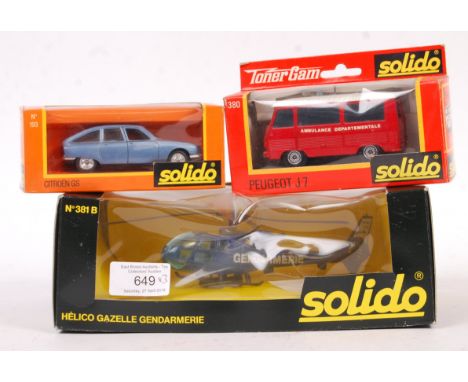 A collection of 3x vintage 1970's Solido made boxed diecast model vehicles. Comprising: 381B ' Gendarmerie ' Helicopter (with