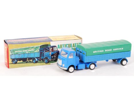 A rare vintage 1960's ' Lucky Toys ' Made In Hong Kong plastic friction powered ' Articulated Lorry '. Blue, with green remov