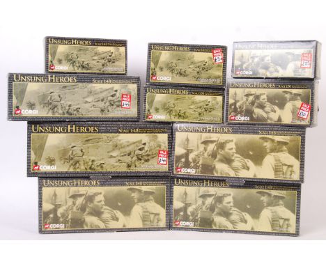 A large collection of 10x assorted Corgi made ' Unsung Heroes ' Military themed diecast model sets. All 1:48 scale, and all w