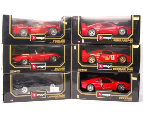 A collection of 6x Bburago / Burago 1:18 scale precision boxed diecast model cars. To include; Jaguar, Lamborghini, 3007, 302