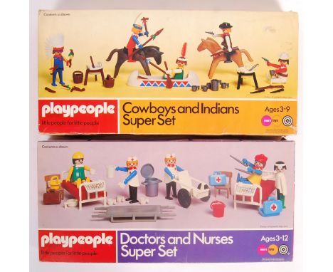 Two original vintage Marx Toys made ' Playpeople System ' Playmobil sets. 1740 Doctors &amp; Nurses and 1730 Cowboys And Indi