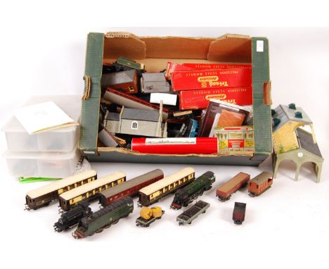 A large collection of assorted 00 gauge railway trainset rolling stock and trackside items. Including; a Tri-ang Hornby ' Bri