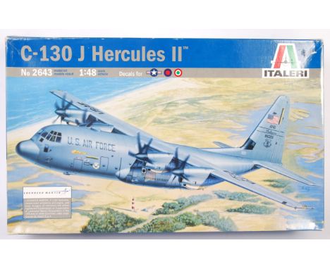 An Italeri 1:48 scale plastic model kit No. 2643 ' Lockheed Martin C-130 J Hercules II ' military aeroplane / plane. Kit appe
