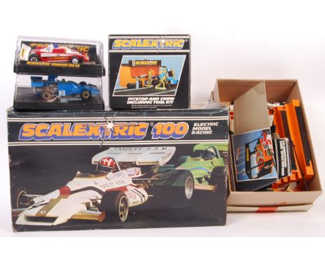 A collection of vintage 1970's Scalextric slot racing cars / sets and accessories. To include; C547 ' Scalextric 100 ' racing