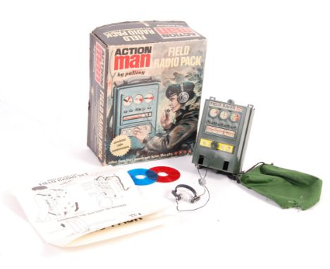 A vintage Palitoy made Action Man ' Field Radio Pack ' playset. Appears complete (unchecked), including the canvas cover, 3x 