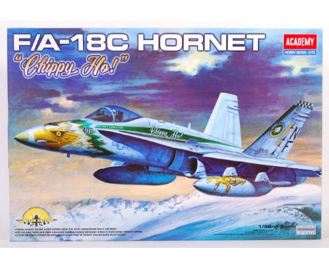 An Academy made 1:32 scale plastic model kit No. 12104 ' F/A-18C Hornet " Chippy Ho! " ' military jet plane / aeroplane. Kit 