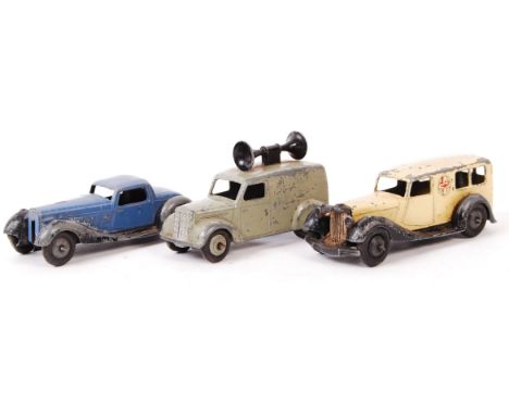 A collection of 3x early vintage Dinky Toys diecast models. Comprising: 30f Ambulance (with open rear windows), 36B Bentley (