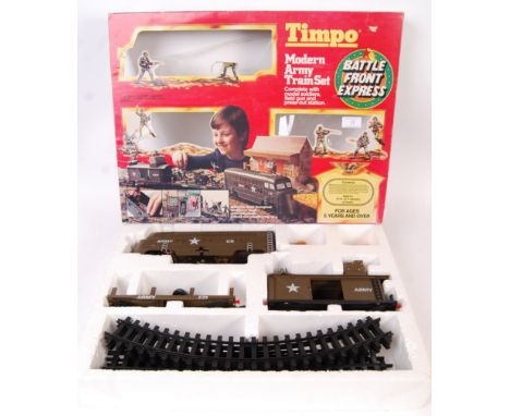 A rare original vintage Timpo made ' Modern Army Train Set ' boxed train set ' Battle Front Express '. Appears largely comple