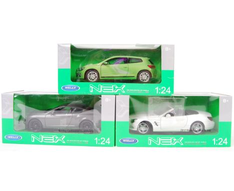 A set of 3x Welly Nex Models 1:24 scale precision diecast model vehicles to include; 2012 Mercedes-Benz SL500 (White open top