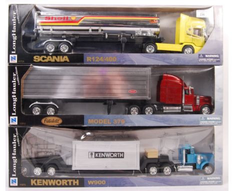 A set of 3x Newray 1:32 scale diecast model Haulage 'Long Hauler Collection' sets to include; 11973 Kenworth W900, 11723 Scan
