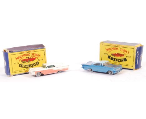 Two original vintage Matchbox Moko / Lesney boxed diecast model cars. Comprising: No. 75 Ford Thunderbird (rarer dark blue ba