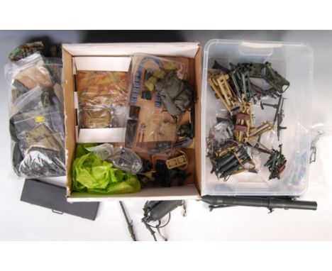 1/6 Scale Collection - a large collection (x2 trays) of assorted 1:6 scale military action figure weapons, clothing, and acce