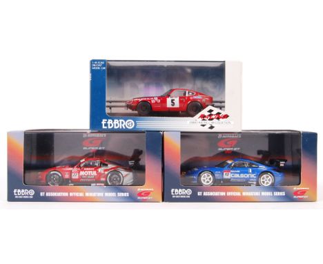 A set of 3x Ebbro 1:43 scale diecast model super cars to include: Super GT 2005 Calsonic (Blue), Super GT 2005 Motul Pitwork 