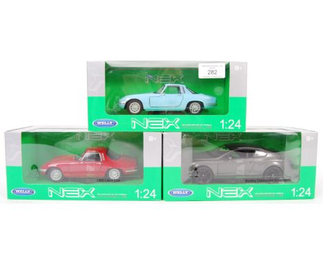 A set of 3x Welly Nex Models 1:24 scale precision diecast model vehicles to include; 1965 Lotus Elan (Pale blue), 1965 Lotus 