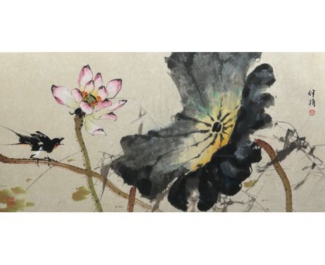 A LARGE CHINESE INK AND WATERCOLOUR PAINTING ON PAPER OF A BIRD BESIDE FLOWERS,94cm x 47cmWith calligraphy and two red seal m