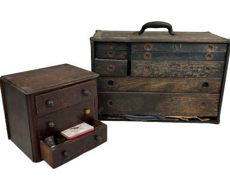 A VICTORIAN MAHOGANY APPRENTICE'S MINIATURE WORKSHOP DRAWERS, tools and equipment within, along with another with tools and d