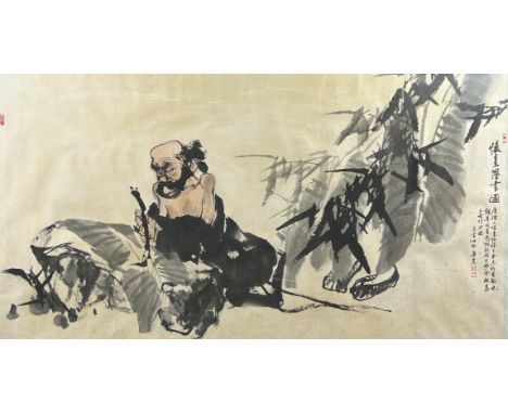 A CHINESE INK AND WATERCOLOUR PAINTING OF A MAN CROUCHING BESIDE FOLIAGE, 150cm x 80cmWith calligraphy and three red seal mar