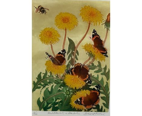 DAVID KOSTER (1926-2014)'Red Admirals on Dandelion' limited edition lithograph of butterflies, signed in pencil and numbered 
