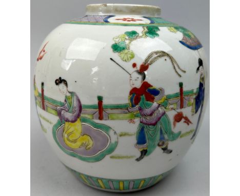 A CHINESE PORCELAIN WUCAI GINGER JAR, possibly 18th century depicting figures with four character seal in iron red to verso.N