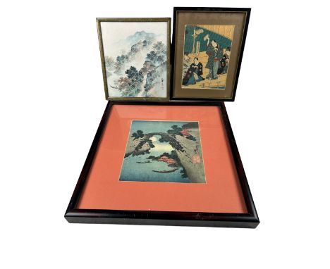 THREE CHINESE WORKS OF ART,To include one ink and watercolour with calligraphy and red seal, and print depicting a prayer sce