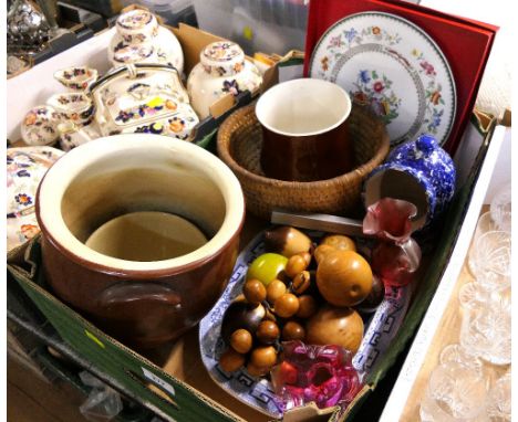 Spode plate, wooden fruit, ashette, storage jars, salt pig etc