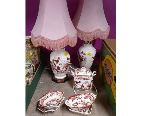 Two Masons, Red Manderley lamps, lidded pot and trinket dishes