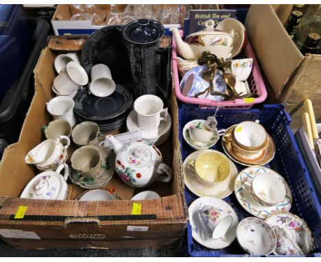 Three boxes of vintage and Antique china, Newhall tea bowl, Royal Crown Derby tea pot, Portmeirion coffee pot, mixed decorati