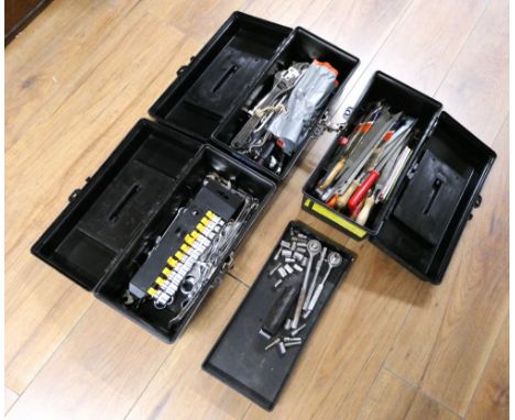 Three tool boxes of mixed tools, spanners, files, socket set etc
