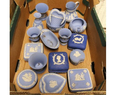 Box of Wedgwood Jasperware trinket dishes, trinket boxes, jug etc