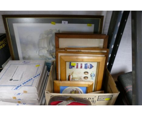 Print and box of pictures, sailing ships, seascapes, dogs etc