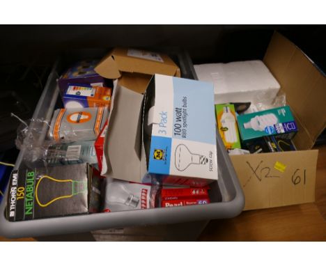 Tub and box of light bulbs