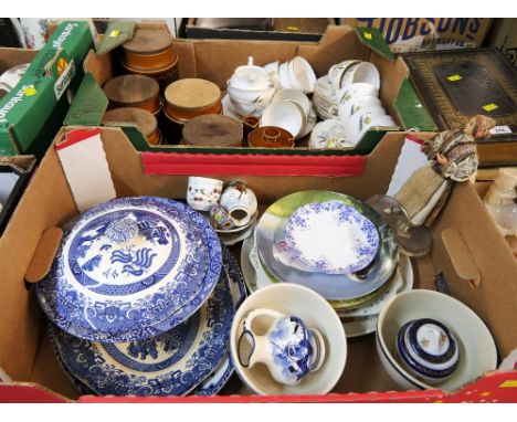 Two boxes of decorative plates, blue and white willow pattern part tea set and Hornsea storage jars etc