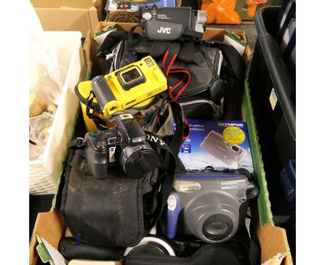 Mixed selection of cameras, Sony Cyber Shot, Fuji film instax 200, Olympus and JVC camcorder etc