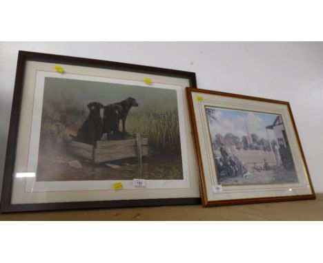 Two framed and mounted pictures, limited edition signed print of Labradors and cricket match