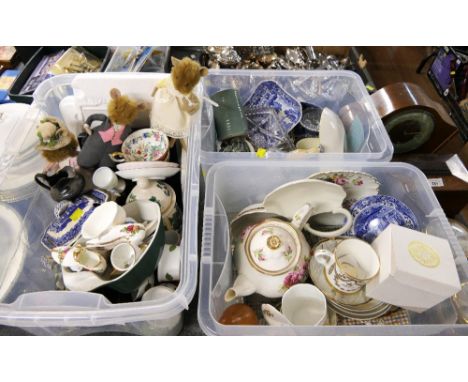 Three boxes of kitchenware, teapot, storage jar, Spode plate, soda syphon, etc