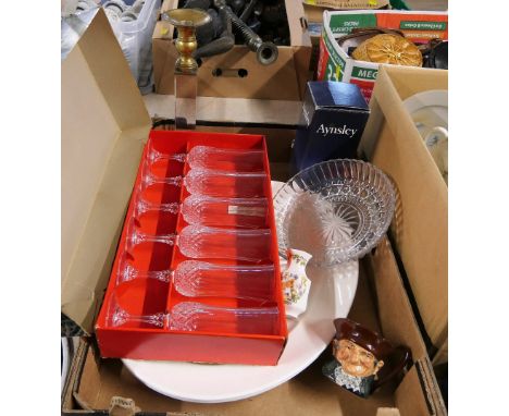 Boxed set of lead crystal champagne flutes, single candlestick, ashettes etc