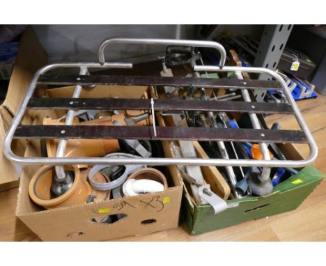 MG Boot rack, box of plumbing fittings and box of tools
