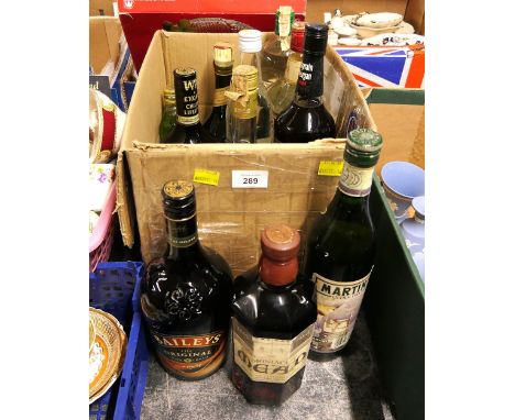 Box of alcohol, Baileys Irish Cream, Captain Morgan Rum, Beefeater Gin etc