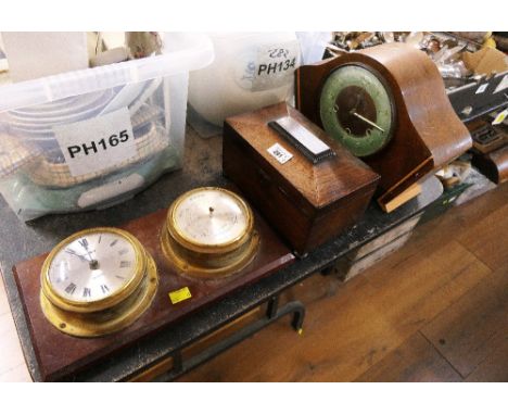 Clock and barometer mounted on wood board, 19th century tea caddy and mid 20th century mantle clock