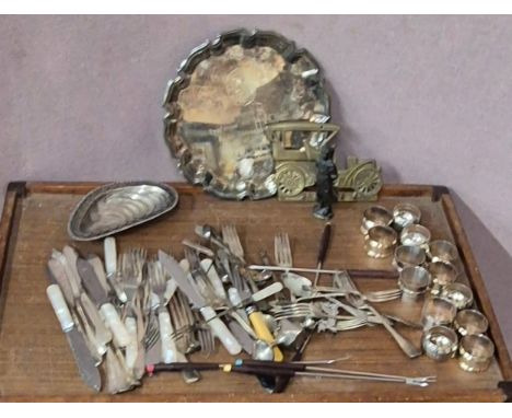 A collection of silver plated, including a salver, napkin rings, coffee pot, cased set of mother of pearl handled knives and 