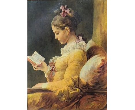 French School, portrait of a lady reading, oleograph, framed