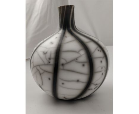 Carla Pownall; wheel-thrown and burnished naked raku vase, smoke penetration creating the decorative detail, height approx 16